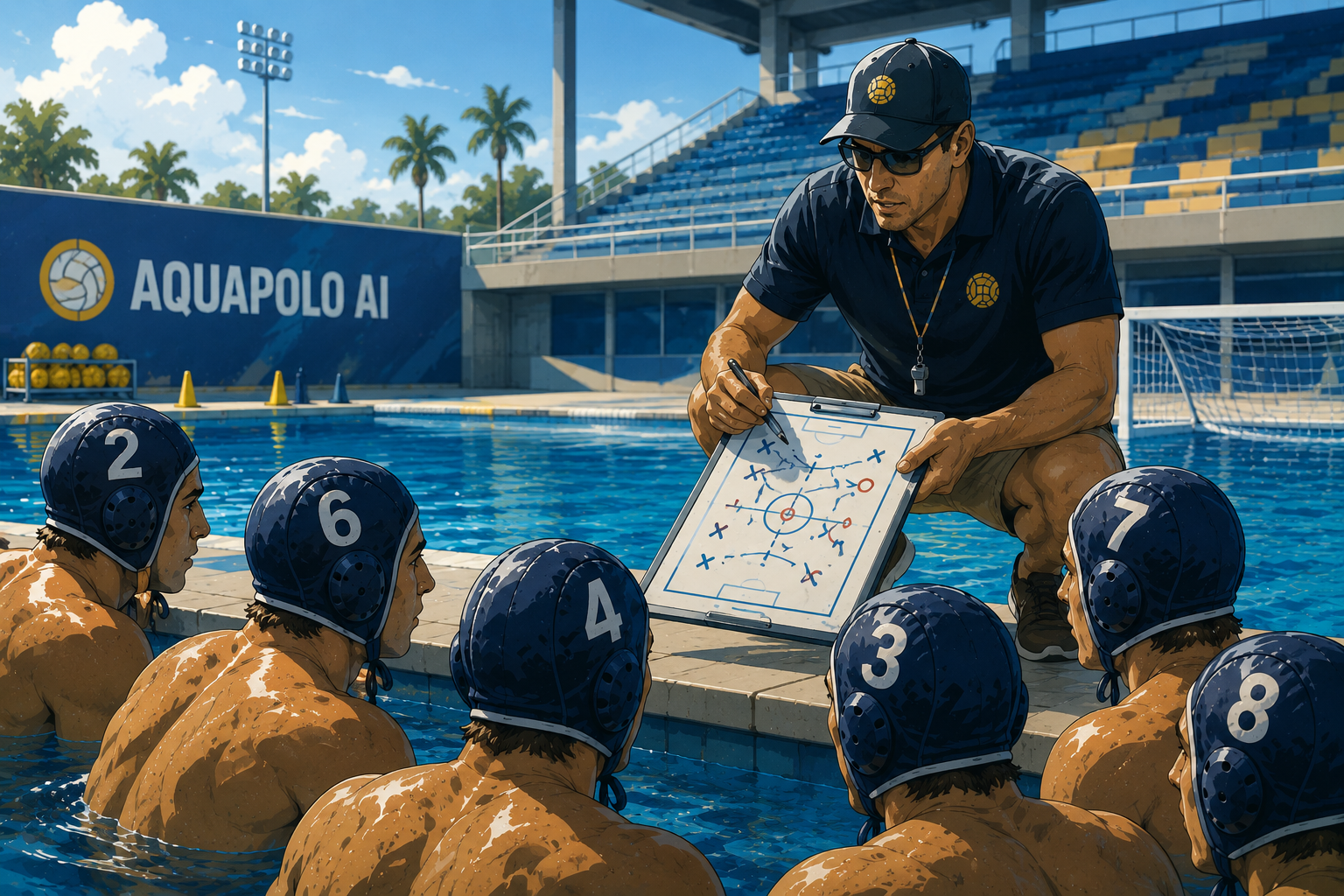 AquaPoloAI coach reviewing tactics with team at the poolside